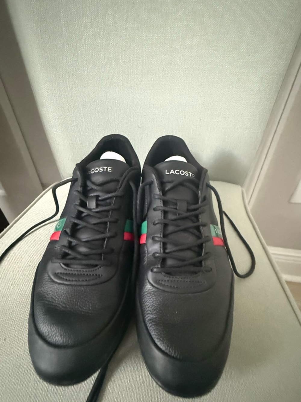 Lacoste Black Leather Sneakers with Green & Red Stripes